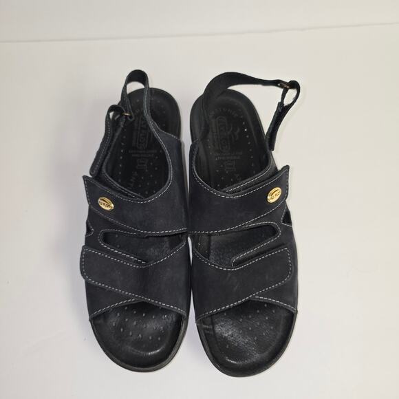 Fly Flot Italy Anatomic Slingback Sandals Black Leather Wedge Heels size 10 - Picture 1 of 12